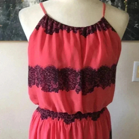 En Focus Pretty Orange and Blue Lace Horizontal Floral Maxi Dress-10P - Picture 2 of 6